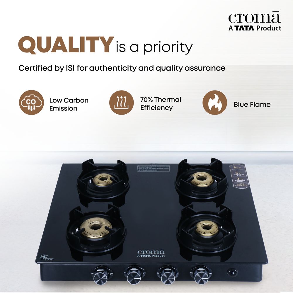 Buy Croma AG279205 Toughened Glass Top 4 Burner Automatic Gas Stove